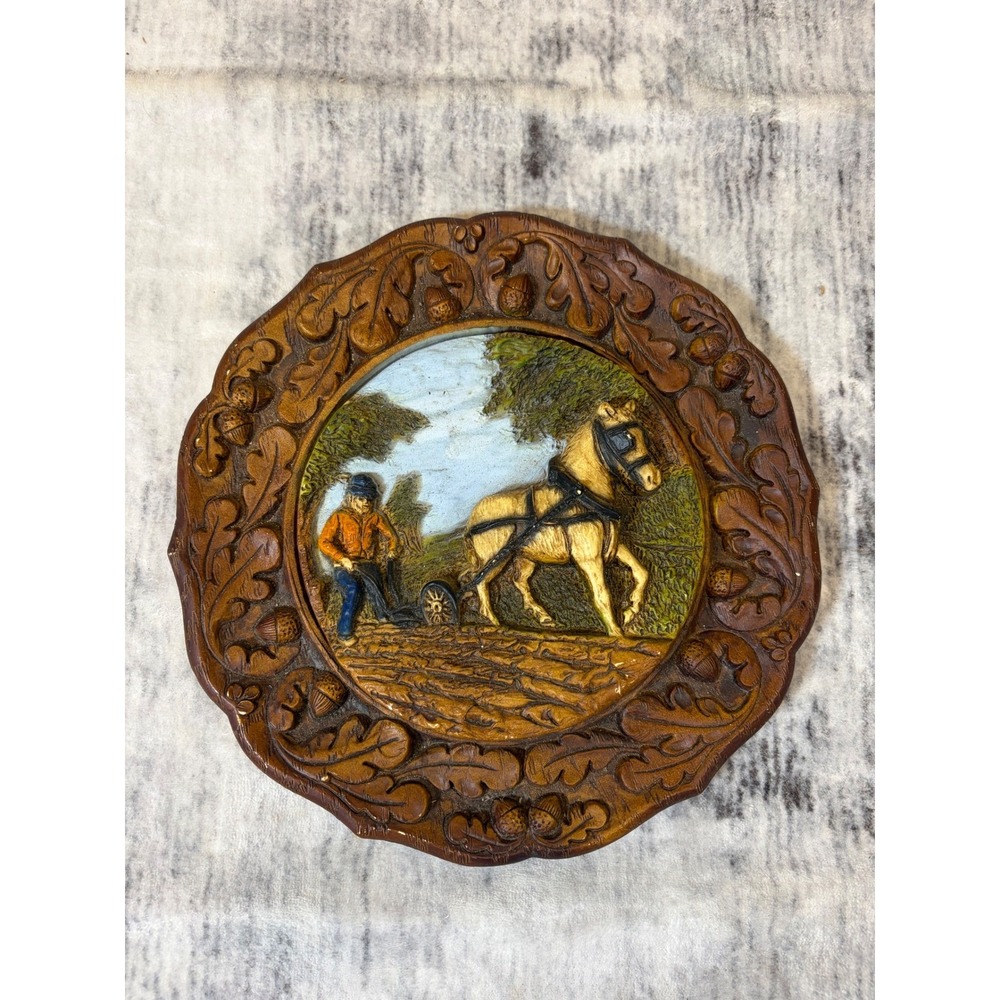 Vintage 3D Relief Wall Plaque Farmer Horse Plowing Oak Leaf Border 9 Inch